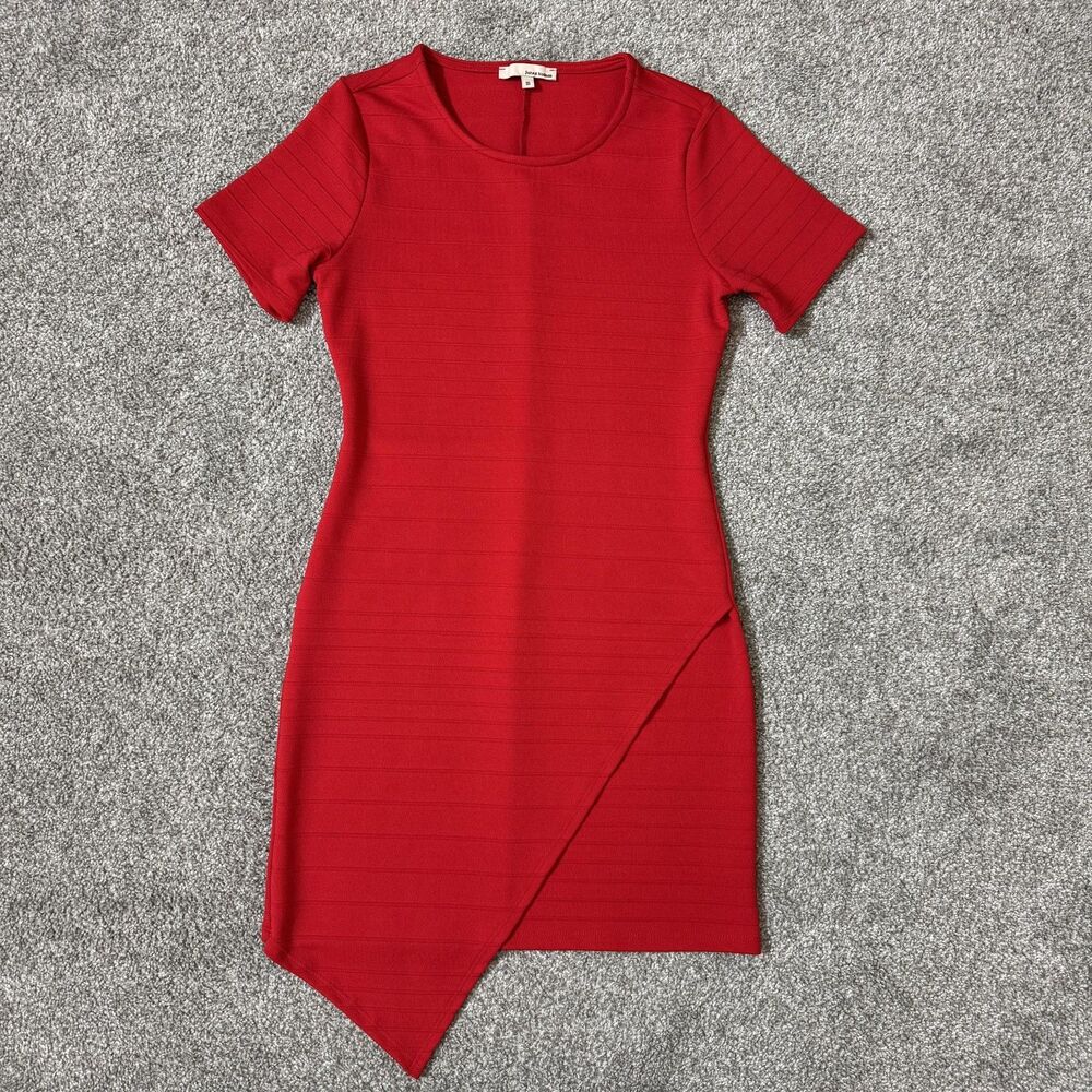 June & Hudson Dress Womens Medium Red Bodycon Asym Hem Short Sleeve Mini Knit